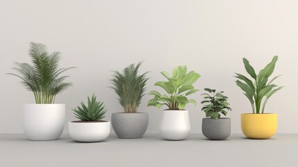 Obraz premium 3D rendering of various indoor plants in white gray and yellow pots