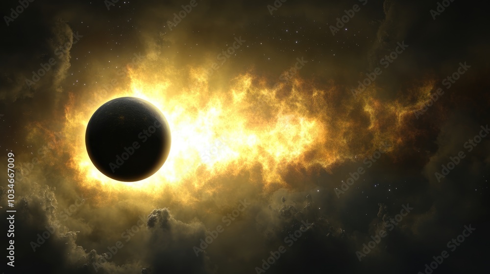 Poster 3d illustration of a cartoon rendering depicting an exoplanet transit in front of its host star in d
