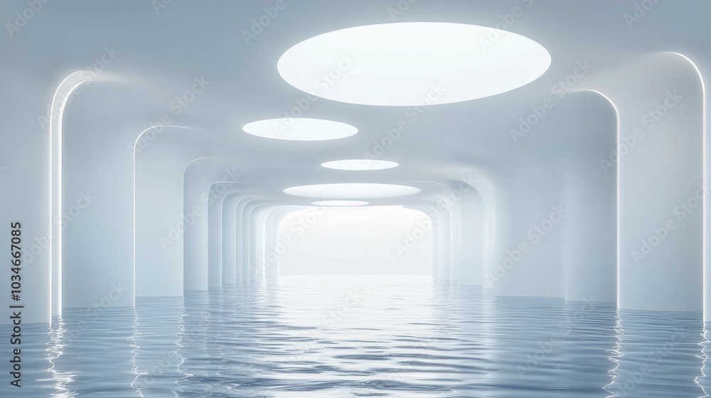 Poster abstract architectural background featuring a white interior with hovering discs over water enhanced