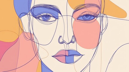 Pastel aesthetic artwork featuring a portrait in an abstract surreal cubism style Continuous single line hand drawn doodle 2d illustration for minimalist invitations flyers and posters