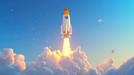 Fototapeta premium Rocket launched into space in a 3D cartoon rendering against a blue sky showcasing the spaceship s lift off