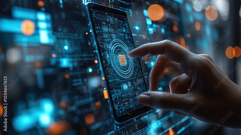 Poster person securely logging into their smartphone emphasizing cybersecurity and dat protection.image