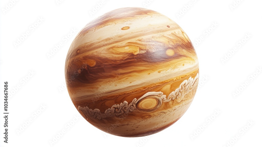 Poster cartoon rendering in 3d of a sphere representing the planet jupiter showcasing exploration and exped