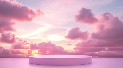 Product placement presentation featuring a pink evening sky backdrop creating a rosy stage for display with soft lighting to enhance visual appeal 3D rendering of product showcasing background
