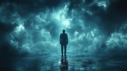 person silhouetted against dark stormy background symbolizing mental struggle and dark thoughts the image conveys feelings of being trapped in ones own mind battling inner turmoil.stock image