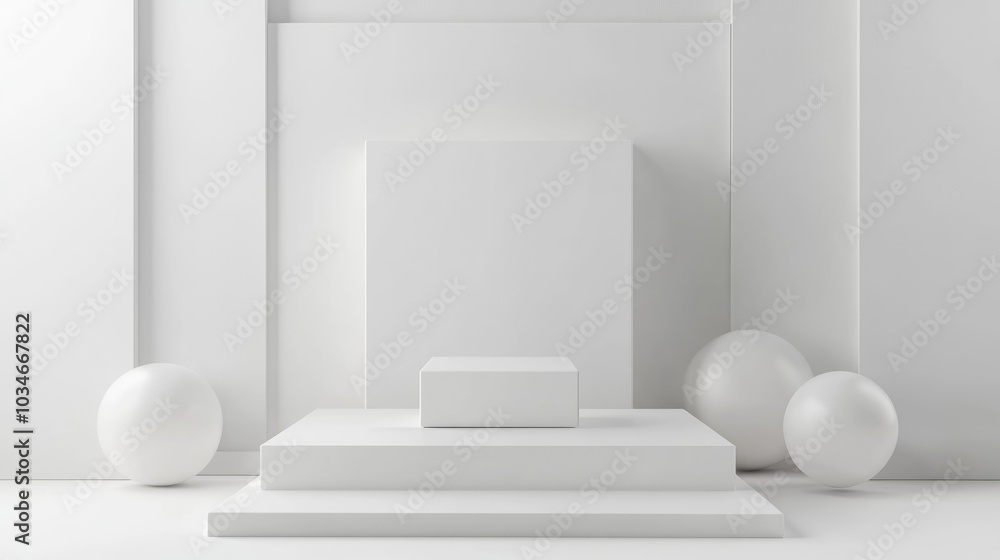 Poster white display pedestal with a box on a white background featuring a cube shape 3d rendering of a whi
