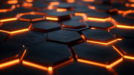 Obraz premium Close up of illuminated hexagonal tiles with glowing orange edges