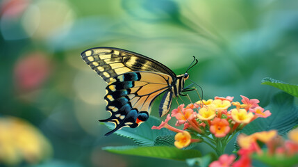 Obraz premium Close-up of a butterfly perched on a pink flower with a dreamy, colorful bokeh background