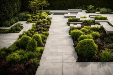 Obraz premium Modern Geometric Garden with Stone Pathways and Lush Greenery