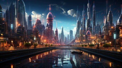 Obraz premium Futuristic Cityscape with River and Boats