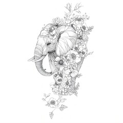 Delicate silhouette of an elephant composed of intricate flowers, leaves, and botanical elements, with ultra-fine and thin line art, highly detailed and minimalistic, black and white illustration.