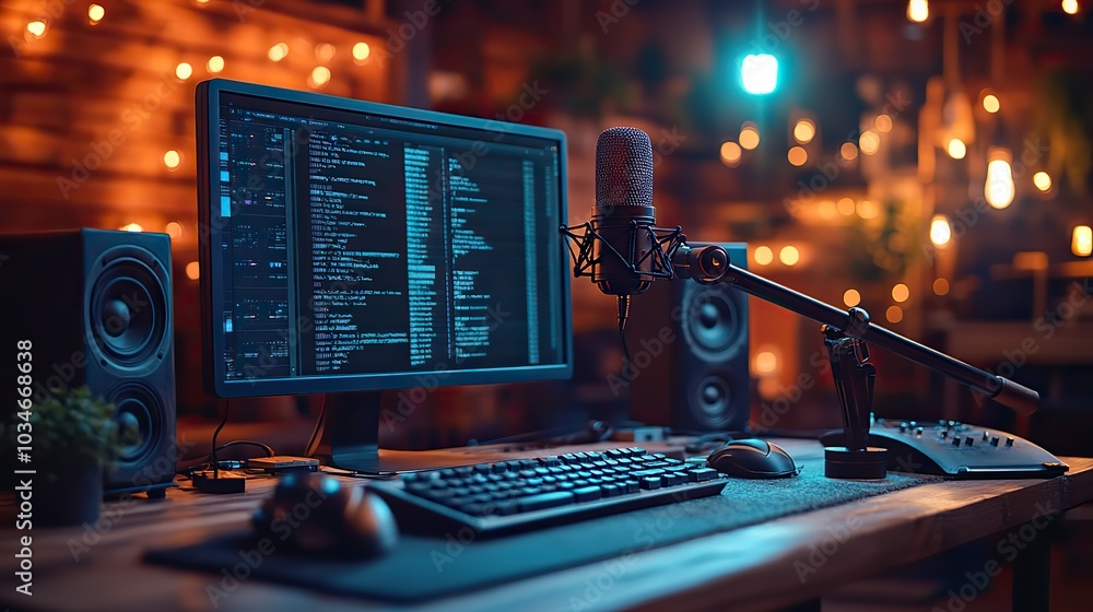 Poster podcast studio setup featuring microphone computer keyboard and monitor displaying podcast transcrip