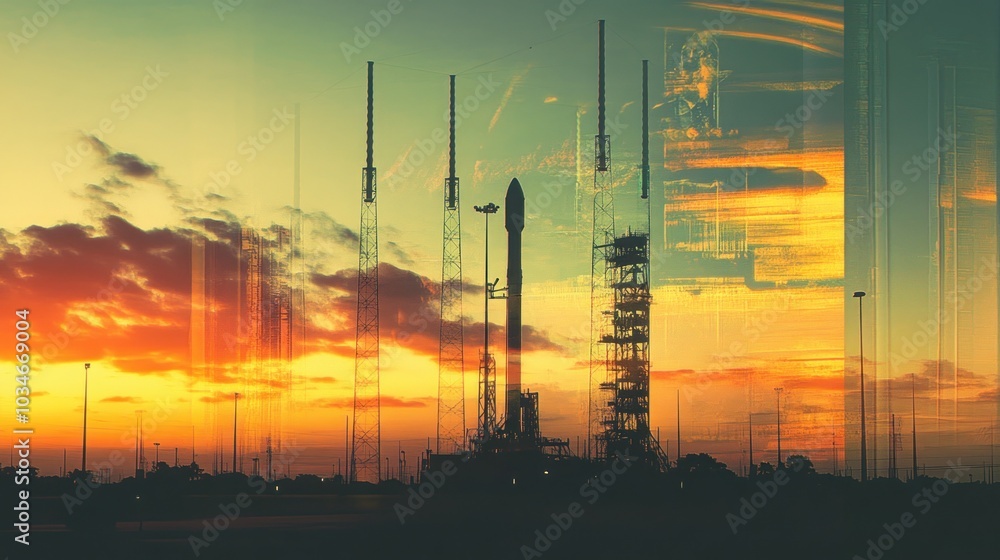 Poster a silhouette of a rocket on a launchpad with a sunset and a blurry reflection of the rocket.