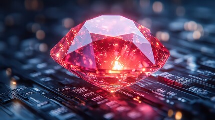 radiant ruby gemstone glowing against backdrop of abstract byte code symbolizing the ruby on rails programming language and its powerful coding capabilities