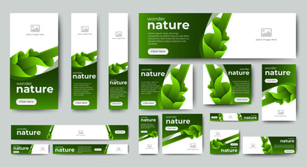 Nature banner design web template Set, Horizontal header web banner. Modern Gradient green cover header background for website design, Social Media Cover ads banner, flyer, invitation card