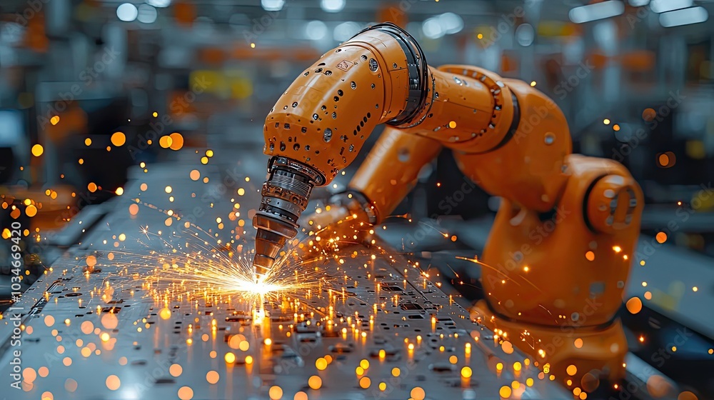 Poster robotic hand welding signifying smart factory operations and the industry 4 0 revolution the automat