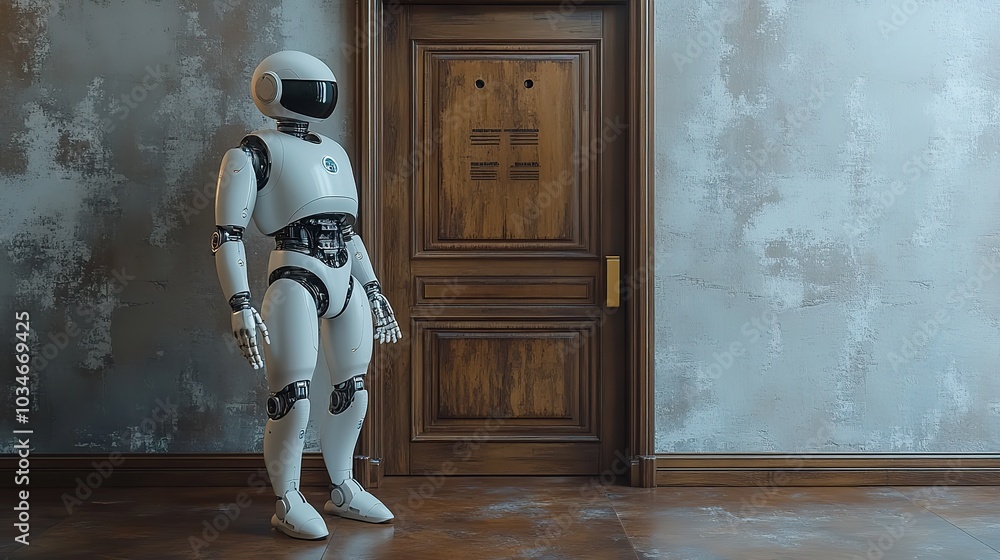 Poster robot stands by door labeled job interview symbolizing the rise of ai and automation in the workforc