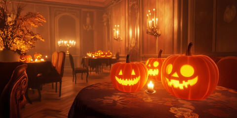 Halloween Night in a Parisian Parlor: Black lace, glowing pumpkins, and candles casting eerie shadows