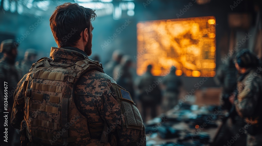 Poster A group of military personnel gathers in a dimly lit command center, focused on a large map display while discussing tactical operations at twilight.