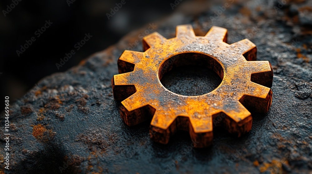 Fototapete rusty gear emerges from the shadows symbolizing the rust programming language concept with ample copy space for text or additional elements