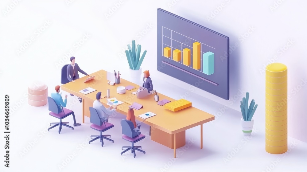 Poster a modern office meeting with six professionals discussing graphs and data presentations at a large t