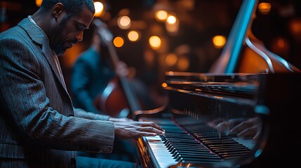 A jazz pianist performing on stage with a grand piano, surrounded by a blurred background of lights and a double bass.