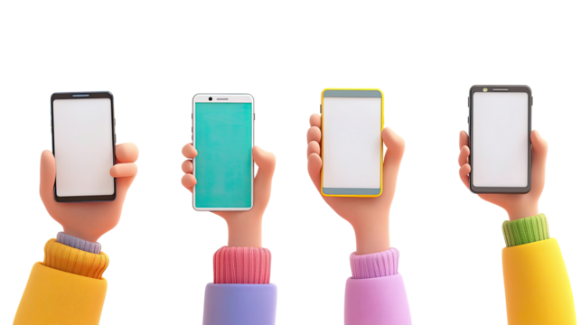 Hands Holding Smartphones With Blank Screens in Cartoon Style Generative AI