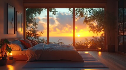 serene bedroom with large window showing calming sunset cozy bed soft lighting and minimalist decor ideal for optimizing sleep and creating peaceful nighttime environment