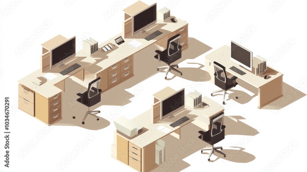 Poster a modern office layout featuring multiple workstations, each equipped with computers and ergonomic c
