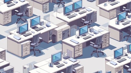 Obraz premium A modern office space filled with desks, computers, and ergonomic chairs, creating a clean and organized work environment.