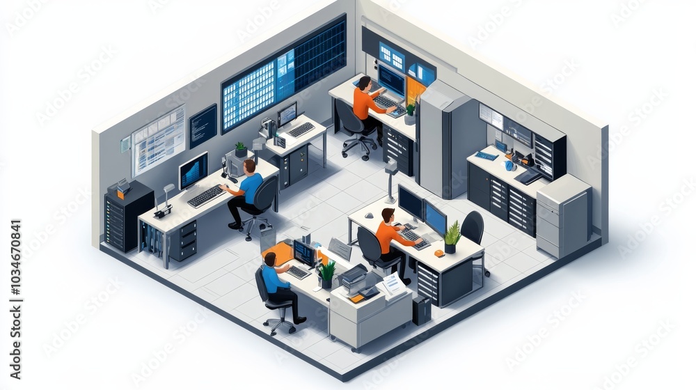 Poster a modern office workspace with multiple desks, computers, and screens, where several individuals col