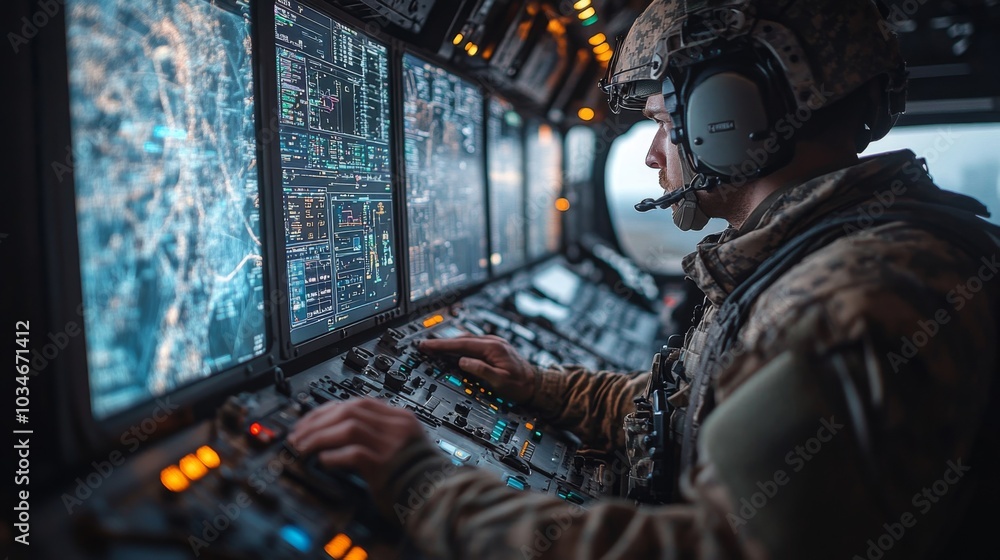 Poster A soldier monitors multiple high-tech displays while adjusting controls in a military vehicle, focused on a tactical operation as night falls.