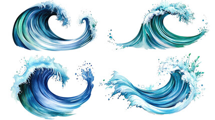 Abstract Watercolor Ocean Waves Collection With Aqua Splashes Generative AI