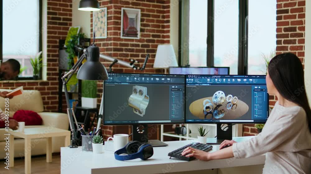 Poster expert engineer develops industrial prototypes using 3d modeling software at her home office, featur