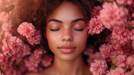 serene woman surrounded by pink flowers symbolizes the connection between skin health and mental wellbeing highlighting the importance of self care and natural beauty.image