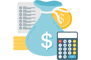 cost savings, money bag with calculator and financial report