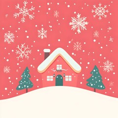 Winter Wonderland House with Snowflakes and Christmas Trees