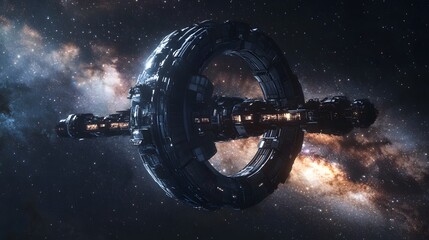 Naklejka premium space station, futuristic habitat in fron tof the Milky Way galaxy. 