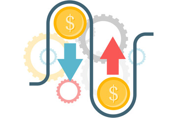 financial cash flow, illustration of cash flow in and out with gear background