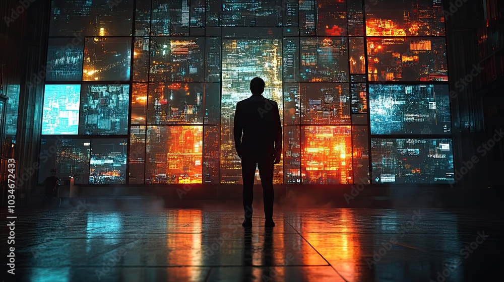 Poster shadowy figure stands before bank of glowing computer screens symbolizing the vigilance and secrecy 