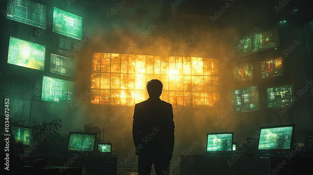Poster shadowy figure stands before bank of glowing computer screens symbolizing the vigilance and secrecy 