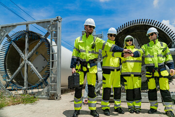 engineers in safety gear inspecting a wind turbine blade section on a construction site. They examine the metal framework with precision. Renewable energy project under a clear blue sky.