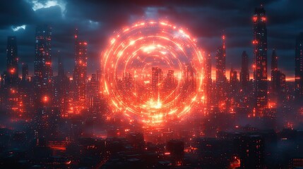 Naklejka premium shield symbolizing industrial security and infrastructure defense amidst cityscape highlighting protection and resilience.stock image