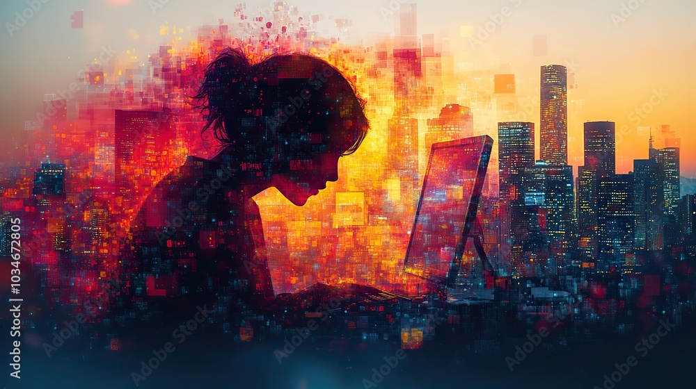 Poster silhouette of person at computer surrounded by abstract shapes and vibrant colors representing moder