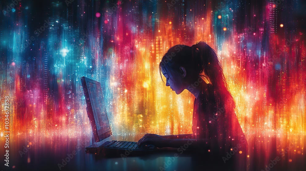 Poster silhouette of person at computer surrounded by abstract shapes and vibrant colors representing moder