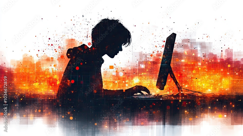 Poster silhouette of person at computer surrounded by abstract shapes and vibrant colors symbolizes the dyn