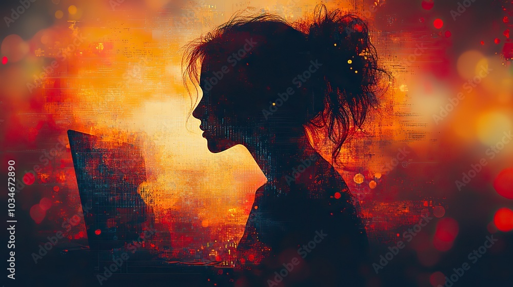 Poster silhouette of person at computer surrounded by abstract shapes and vibrant colors symbolizes the dyn