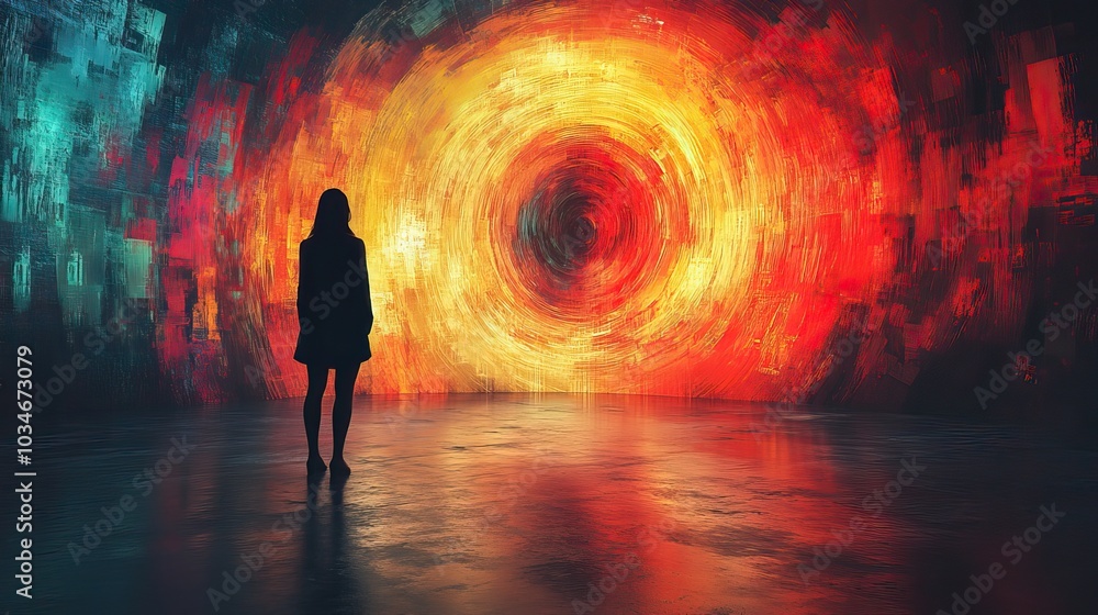 Poster silhouette of person stands before vibrant looping spiral symbolizing the concept of loops in progra