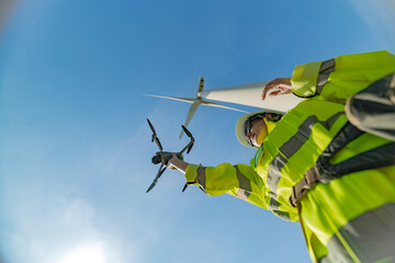 engineers conducting an aerial inspection of a wind turbine using a drone. The scene highlights...