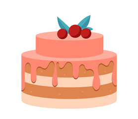 Birthday cake with cherry. Cake with glazed icing and berries. Pastry and bakery. Birthday or Christmas, New Year. Template and layout. Flat vector illustration isolated on white background
